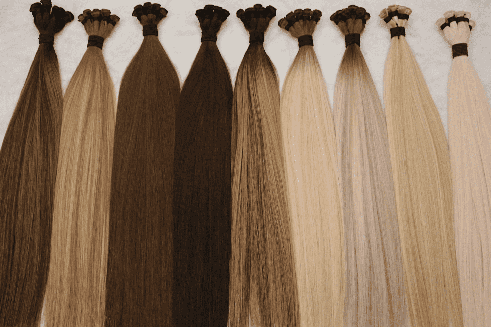 Hair extensions in various shades from dark brown to blonde arranged on a marble surface.